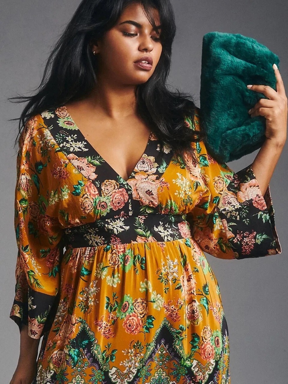 Anthropologie Mustard and Green Floral V-Neck Maxi Dress - Picture 5 of 13